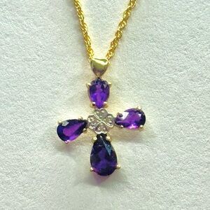 Vintage 14K Gold Amethyst Cross Pendant Pear / Teardrop Stones 1”